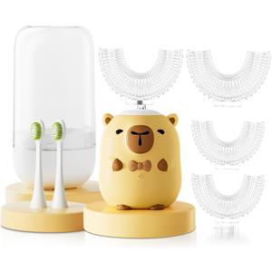 Kids Electric Toothbrush U Shaped - Cartoon Capybara with 6 Brush Heads Full Mouth Degree Cleaning Sonic Toddler Automatic Toothbrush with IPX7 Waterproof (Yellow 2-14 Years)