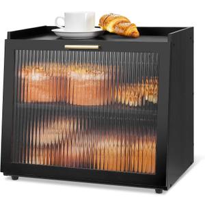 Double Layer Bamboo Bread Box for Kitchen Countertop, Bread Storage Container with Adjustable Shelf, Black Bread Box for Homemade Bread, Large Capacity