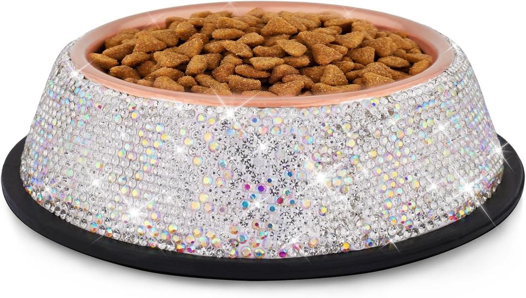 Sparkly Full Rhinestones Designed Rose Gold Stainless Steel Pet Cat Bowl - Stylish and Practical Diamond Food Water Dishes Bowls for Dogs Cats Rabbits and Small Pets