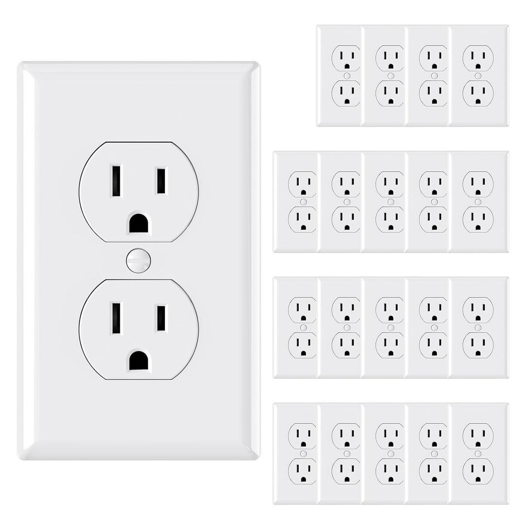 AIDA Outlet White Duplex Receptacle with Wall Plate, Electrical Outlet Electrical Wall Outlet, 15 Amp Outlet 125V, Self-Grounding, 2-Pole, 3-Wire, 5-15R, UL Listed, 20 Pack