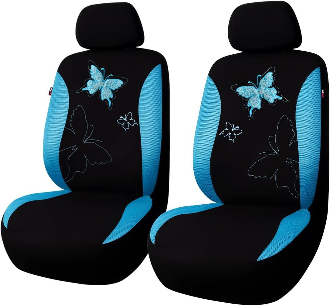Flying Banner Butterfly car seat Covers ful Set Fashion Universal Lady Woman Female Rear Bench Split Colorized (Mint Blue, 2 Fronts - Lace)