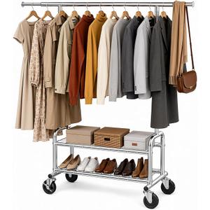 Heavy Duty Clothing Rack with Shelves, 660 LBS Capacity Rolling Metal Clothes Rack with Lockable Wheels, Garment Rack for Bedroom, Laundry Room, Portable Closet Organizer, Silver