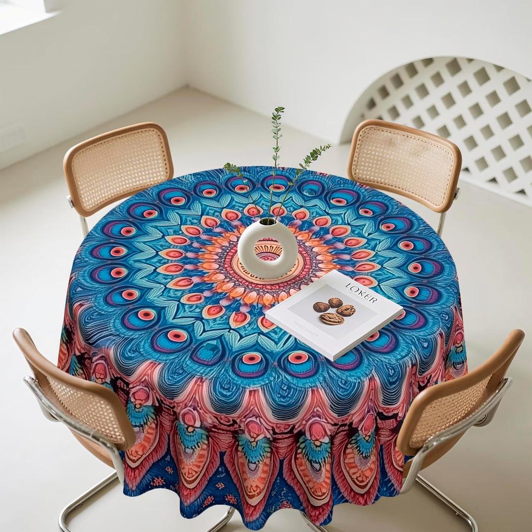 Round Tablecloth Waterproof, Polyester Washable Table Cover 48Inch and 60Inch for Restaurant, Picnic, Indoor and Outdoor Dining, 48Inch, Boho