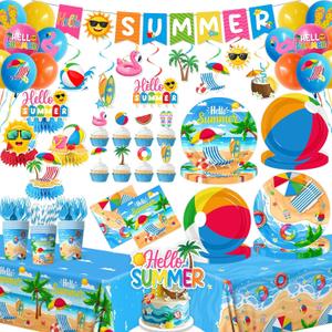 Beach Party Supplies Serve 24, Summer Beach Party Decorations Include Hello Summer Party Plates, Napkins,Cups,Tablecloth,Banner,Balloons and Cake Toppers for Hawaiian Pool Birthday Baby Shower Decor