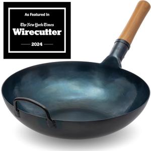 YOSUKATA Flat Bottom Woks and Stir Fry Pans- 13.5" - Preseasoned Blue Carbon Steel Wok - Traditional Japanese Chinese Pan for Electric Induction Ceramic Gas Cooktops and Open Fire - Grill BBQ Camping