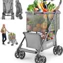 Folding Shopping Cart with Wheels, 80lbs Multi Use Grocery Carts with 360 Wheels & Removable Tote Bag, Multifunctional Portable Personal Shopping Carts for Groceries (Gray)
