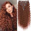 Hair Extension, LONAI 9PCS Clip in Hair Extensions, LN002 22" Long Curly Thick Heat Resistant Synthetic Soft Deep Wave Hairpieces for Women-Copper Red