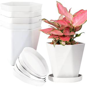 InmeRun Plant Pots Indoor Plastic Flower Pots Outdoor 5 inch Set of 6 Pack with Drainage Holes and Saucers for Garden Pots (5inch-6white)