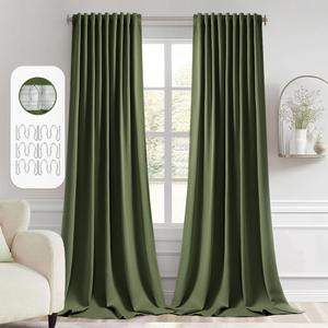MIULEE Olive Green Back Tab Blackout Curtain 96 Inch Long 2 Panels Set for Bedroom, Rod Pocket/Pinch Pleat Thermal Insulated Living Room Darkening Pleated Light Blocking Floor to Ceiling Drape Olive Green, 52"W x 96"L (Pack of 2)