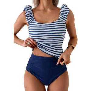 Eomenie Tankini Swimsuits for Women Ruched Tummy Control Bathing Suit Two Piece Swim Tank Top with High Waisted Bottom (Medium, Blue Stripe)