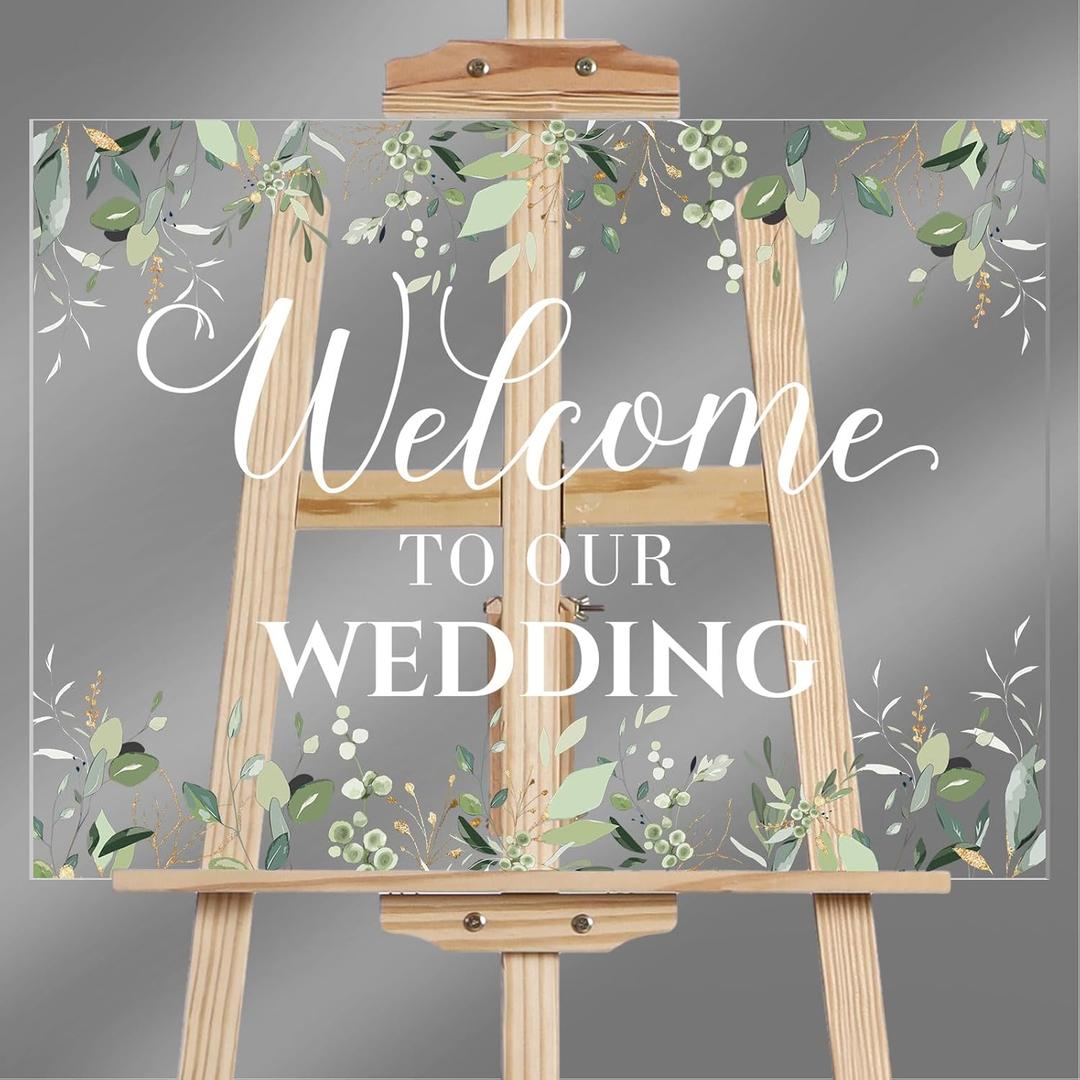Welcome Wedding Sign - 24 x 18 Inch Acrylic Greenery Eucalyptus Sign for Wedding Reception, Ceremony, Lawn, Indoor