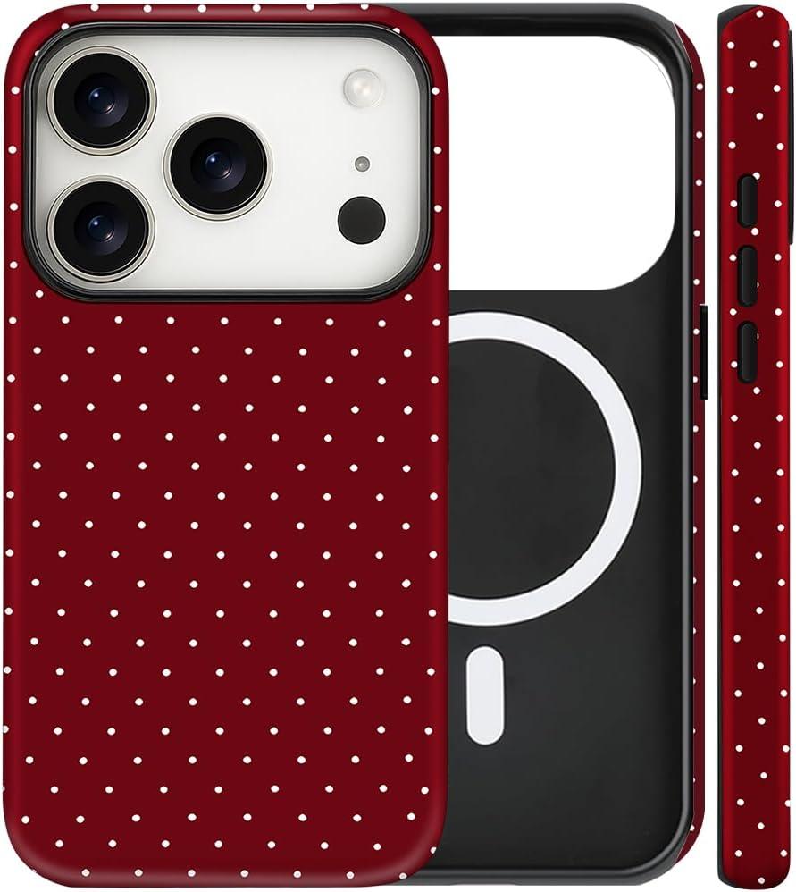 Magnetic for iPhone 17 Pro Max Case Cute Polka Dot Phone Case, Shockproof Slim TPU and Hard PC Protective Phone Cover Compatible with MagSafe Designed for Women Girls, Red