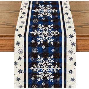 Artoid Mode Buffalo Plaid Snowflakes Blue Christmas Table Runner, Seasonal Winter Kitchen Dining Table Decoration for Home Party Decor 13x72 Inch