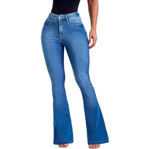 Women's Flare Stretch High Rise Jeans Skinny Bell Bottom Denim Pants (Blue, L)