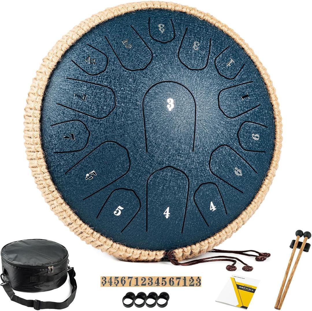 Steel Tongue Drum - 13 Inches 15 Notes Tongue Drum - Hand Pan Drum with Music Book, Handpan Drums Mallets and Carry Bag, D Major (Navy Blue)