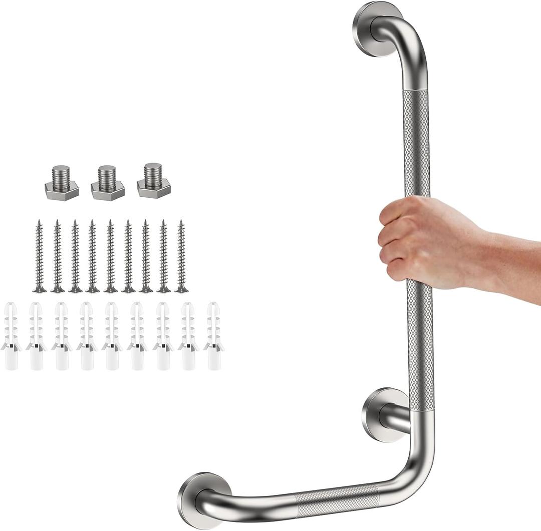 Brushed Nickel Angled Grab Bar 12x24 Inch, iHansee Bathroom Safety Bar w/Anti-Slip Knurled Grip, Wall Mount L-Shaped Shower Handle for Elderly Senior Handicap, Toilet Bathtub Balance Support Bar