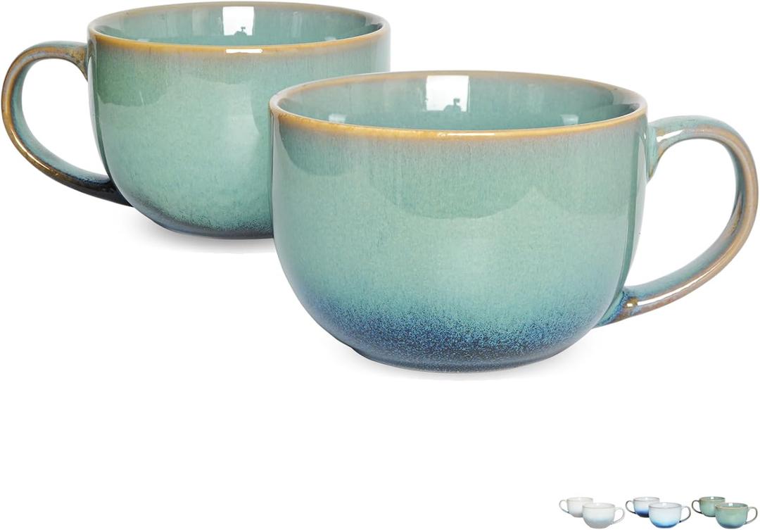 Bosmarlin Ceramic Large Coffee Mug Set of 2, 23 Oz, Jumbo Mug Soup Bowls with Handles, Dishwasher and Microwave Safe (23 Oz, Pale Green)