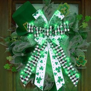 ALIBBON Large LED St. Patrick's Day Bows for Wreaths, St Patrick's Wreath Bows, Glitter Green Shamrock Bows for Crafts, Irish St. Patrick's Day Decor, Buffalo Plaid Bows for Parades Party Supplies