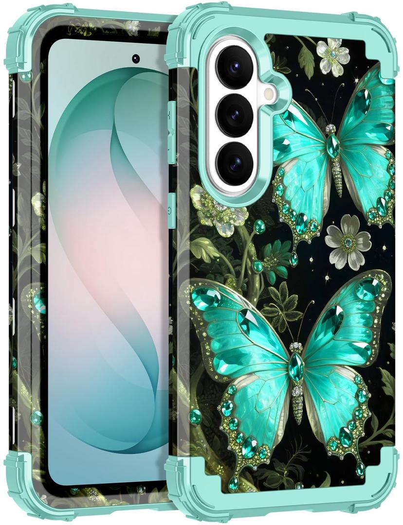 LONTECT for Galaxy S26 5G Case Shockproof 3 in 1 Heavy Duty Rugged Hard PC+Soft Hybrid Sturdy High Impact Drop Protective Cover Flower Case Grow in the Dark,Green