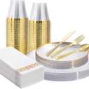 175 Pcs Clear Gold Plastic Dinnerware Set, Disposable Plate With Gold Rim, 25 Guests Dessert Plates, Dinner Plates, Cups, Cutlet and Napkins for Wedding Party