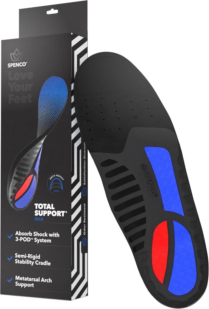 Spenco Total Support Max Shoe Insoles - Orthotic Metatarsal Arch Support Inserts - Absorbs Shock, Reduces Over-Pronation, Conforms to Foot Contours, Deep Heel Cupping Women's 9-10.5/Men's 8-9.5