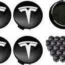 4PCS Car Wheel Center Hub Cap Kit, Hubcaps Accessories for Tesla Model 3 Model Y,56mm Hubcaps Wheel Rim Cover Tesla Center Hub Caps + Lug Nut Covers (Glossy Black Underside+Silver Logo)
