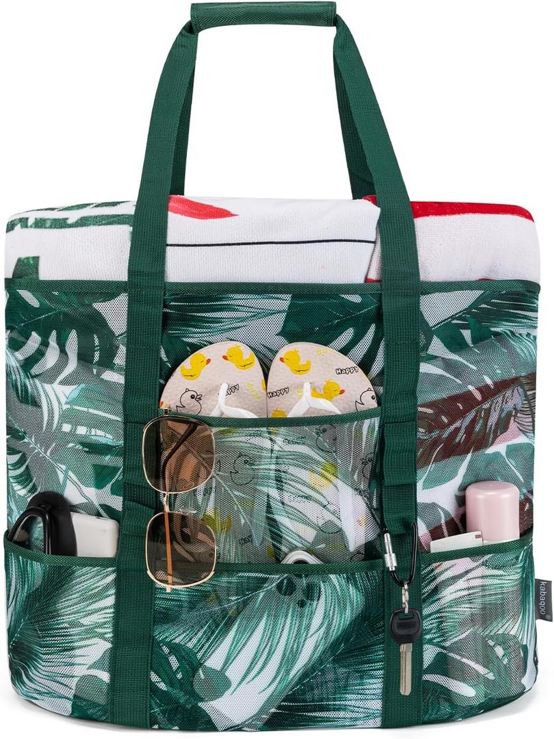 KABAQOO Mesh Beach Bag, Extra Large Beach Bags with 9 Pockets & Zipper Waterproof Lightweight Beach Tote for Beach/Pool Trip (Coconut Tree)