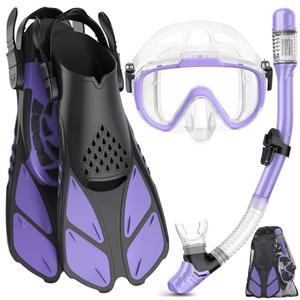 Ubekezele Snorkeling Gear for Adults Men Women,4 in 1 Snorkel Set with Panoramic View Diving Mask Anti-Fog Anti-Leak,Dry Top Snorkel,Fins and Travel Bag for Swimming,Snorkeling and Travel Diving