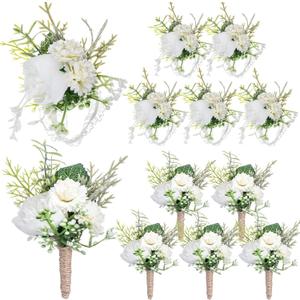 12 Pcs 6 Inch Wedding Corsage and Boutonniere Set Artificial Rose Wedding Corsage Wristband with Pins for Prom Men Bride Party Accessories Groom Groomsmen Women Bridesmaids (Retro, White)