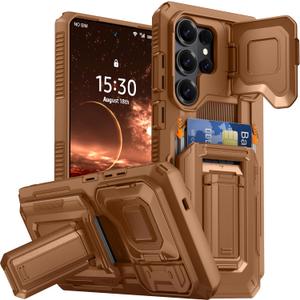 for Samsung Galaxy S26 Ultra Wallet Case with Card Holder & Kickstand & Full Camera Lens Cover, Military Grade Drop Shockproof Rugged Phone Case for S26 Ultra 6.9'', Brown