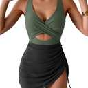 B2prity Women Mesh One Piece Swimdress Swimsuit Tummy Control V Neck Cutout Bathing Suit Wrap Drawstring Sarong Swimwear Army Green,Black L