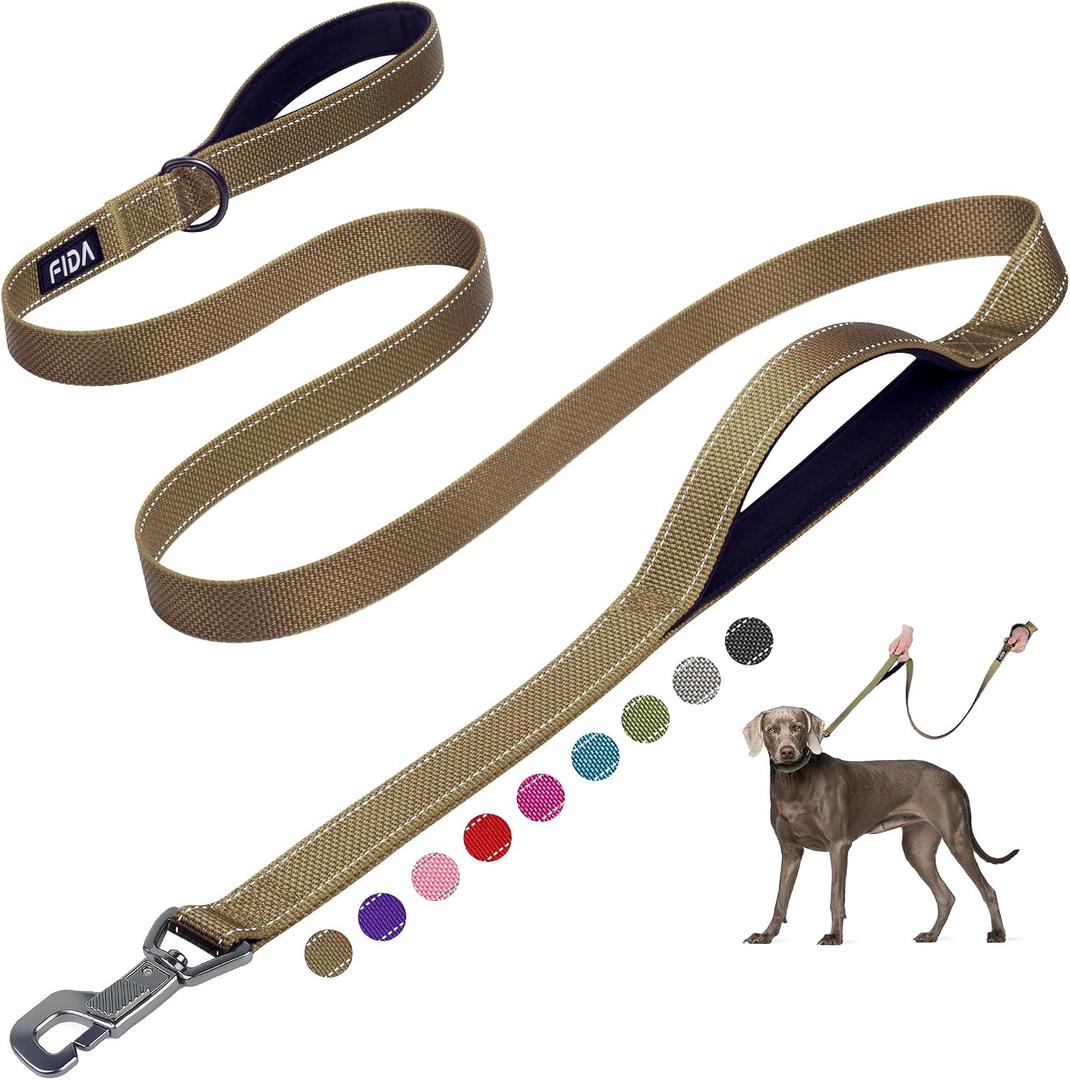 Fida 6 FT Heavy Duty Dog Leash with 2 Comfortable Padded Handles, Traffic Handle & Advanced Easy Snap Hook, Reflective Walking Lead for Large, Medium & Small Breed Dogs, Brown