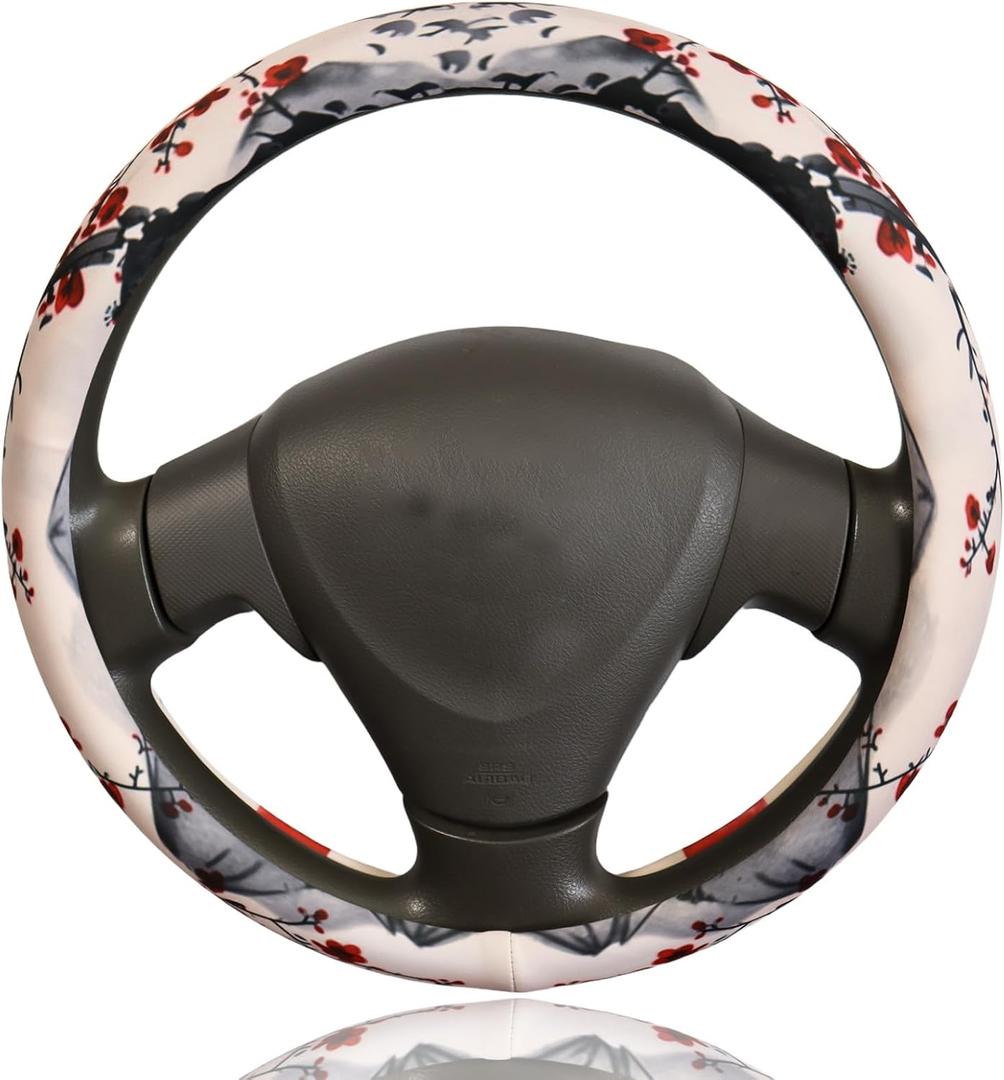 Cherry Blossom Japanese Sakura Steering Wheel Cover for 14.5-15 Inch (37-38 cm) Wheels, Premium Fabric with Non-Slip Rubber Inner Ring