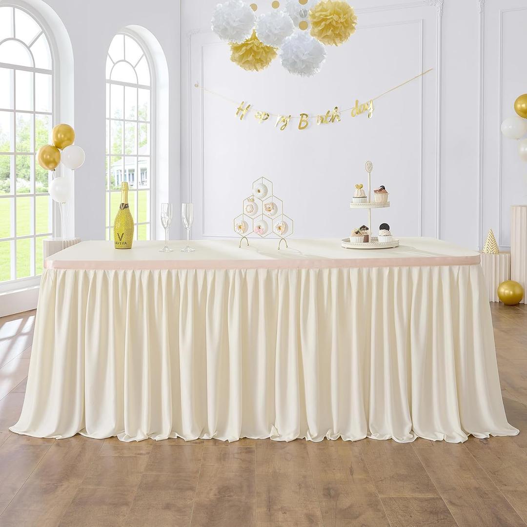 Leegleri 9ft Beige Table Skirt for Rectangle Table,Spandex Polyester Pleated Table Skirt for Baby Shower Wedding,Birthday Party,Gender Reveal,Dessert Cake Tables