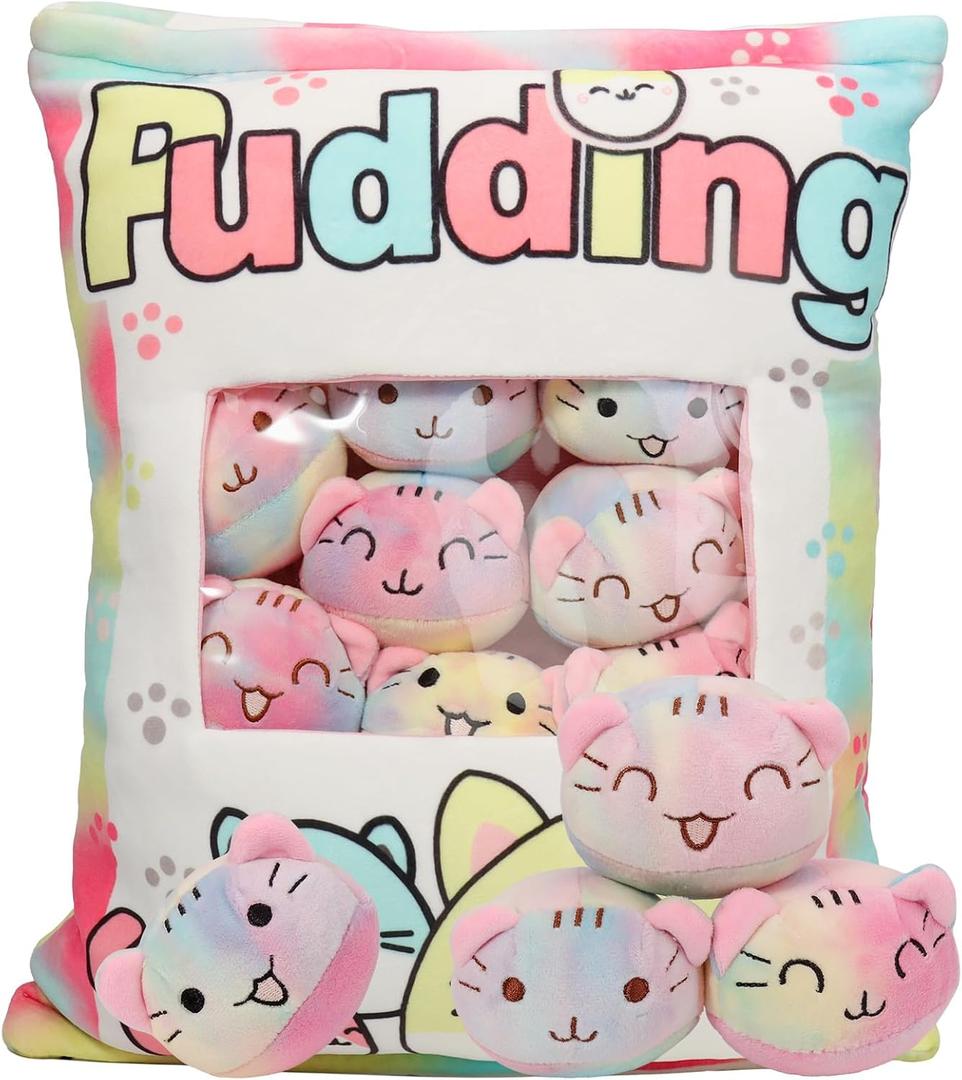 Cute Cat Plush Pillow Throw Pillow, Cat Plushies with 8 Kitten Plush Doll, Removable Stuffed Animals Toys, Kawaii PlushiesToy for Kids Girls Boys Womens Gift for Birthday Holiday, 14 x 18 inches