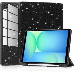 Case for Samsung Galaxy Tab A11 8.7 Inch 2025 (Model: SM-X130/X133/X135), Cute Glittering Sparkly Shockproof Cover with Sparkly Crystal Clear Back and Pencil Holder for Galaxy Tab A11, Black