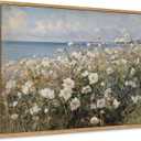 Framed Coastal Wildflower Field Landscape Canvas Wall Art White Daisy Seaside Print Wall Decor Farmhouse Floral Pictures Spring Summer Painting Artwork for Living Room Bedroom Bathroom 24x16 In