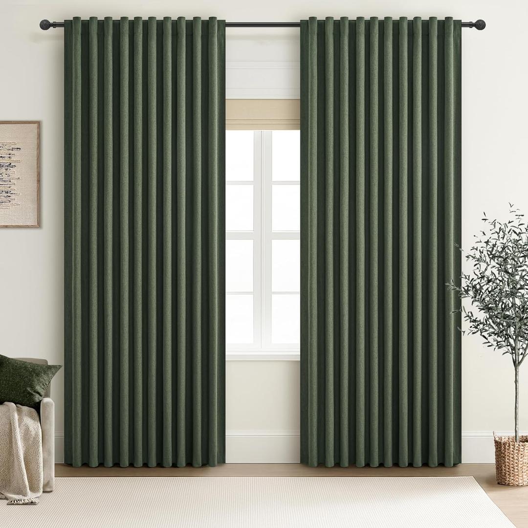 Dark Olive Green Curtains 70 Inch Length Extra Wide Pleated Black Out 96 Inch Long for Living Room, Linen Thick Sliding Glass Door Heavy Duty Insulated Large Window Drapes (70"Wx96"Lx 2Panels Loden)