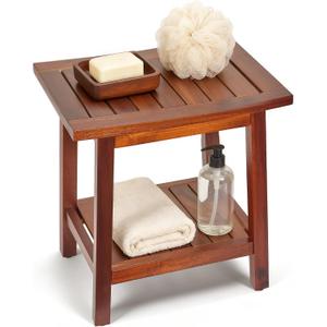 Upolana Teak Shower Bench, 16" Solid Acacia Wood Shower Stool Waterproof Shower Seat with Storage Shelf for Bathroom, Indoor & Outdoor Use