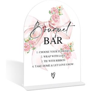 Pink Bow Bouquet Bar Sign, Flower Bar Supplies, Pink Bow Decor, Bridal Shower Decorations, Wedding Reception Decor, Bridal Shower Centerpieces for Tables, Arch Acrylic Wedding Sign With Base-21