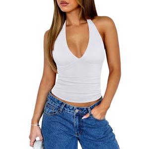 REORIA Womens Halter Tank Tops Double Lined Basic Cami Shirts Sexy Backless Y2K Trendy Going Out Tops (White, Medium)