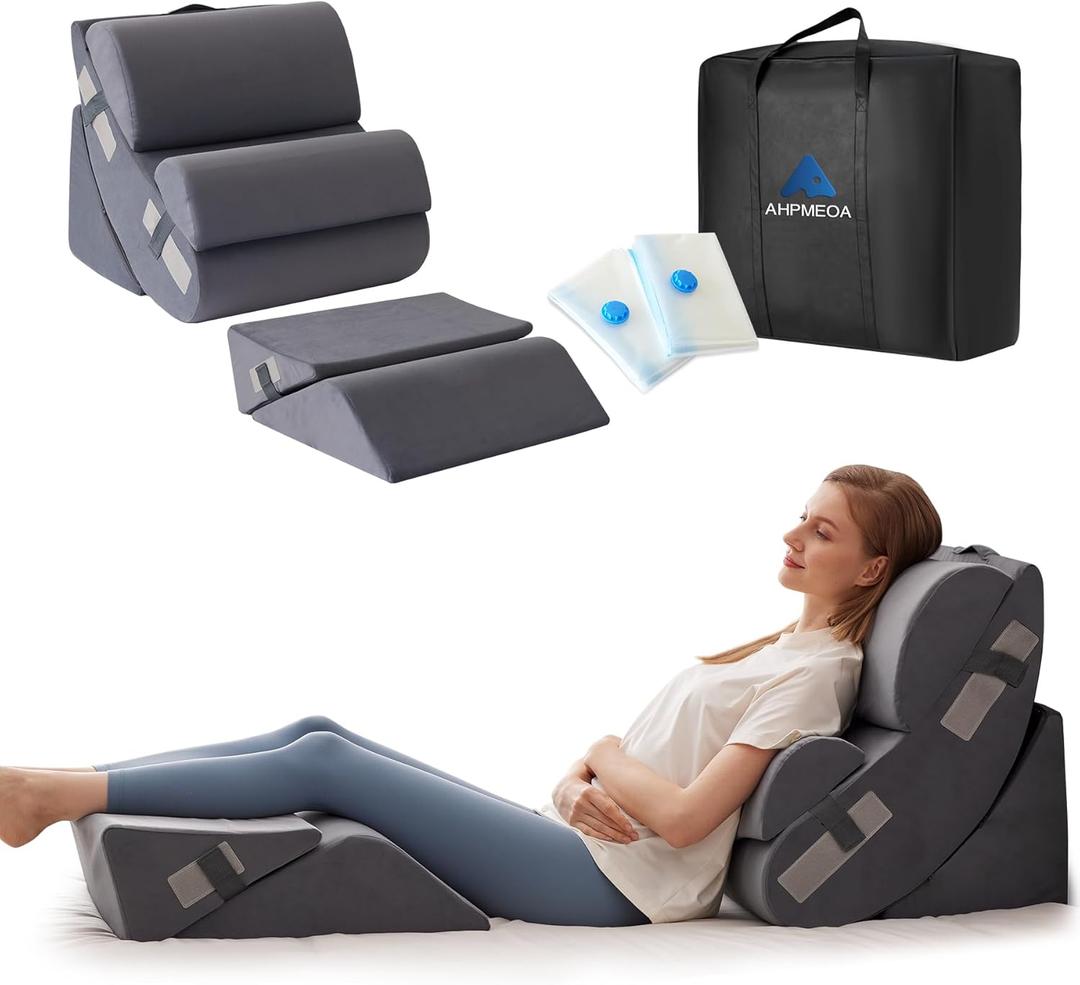 6PCS Orthopedic Bed Wedge Pillow Set for Sitting up in Bed, Memory Foam Post Surgery Pillow for Back Pain Relief, Back Support Pillow for Acid Reflux Relief, GERD, Anti Snoring (Plush Grey)