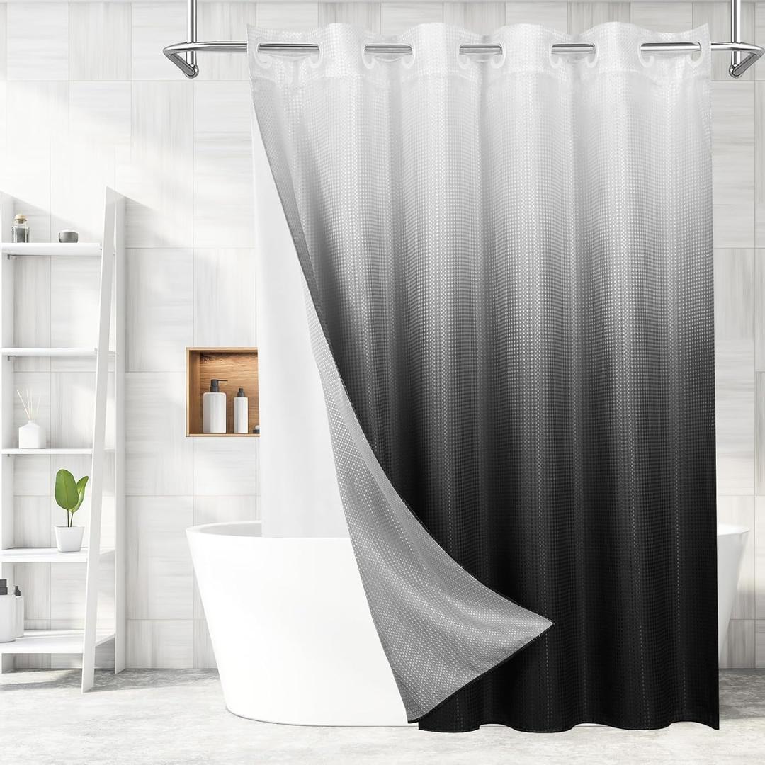 MitoVilla No Hooks Needed Black Ombre Waffle Shower Curtain Liner Set, Modern Waffle Weave Heavy Duty Fabric Cloth Shower Curtain with Snap-in Liner for Luxury Neutral Hotel Spa Bathroom Decor (72"W x 74"L (Pack of 1))