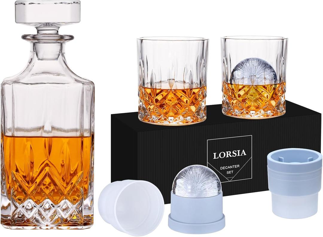 Whiskey Decanter Set with Gift Box - Includes 2 Crystal Bourbon Glasses and 2 Big Ice Ball Molds - Whiskey Glasses Set for Scotch, Cocktails, Rum, Cognac, Vodka - Unique Gift for Men