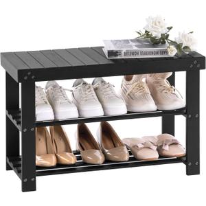Apicizon Bamboo Shoe Rack for Entryway, 3-Tier Shoe Rack Bench for Front Door Entrance, Small Shoe Organizer with Storage, Black (27.6 Inches No Cushion)