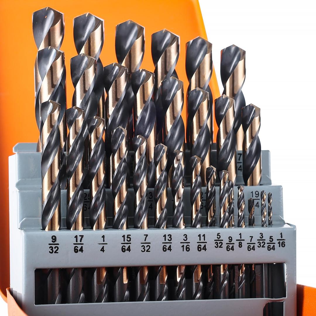 29Pcs Cobalt Drill Bit Set, 135 Degree Tip High Speed Steel with Black and Gold Finish, Stainless Steel, Plastic, and Wood with Metal Indexed Storage Case 1/16"-1/2"