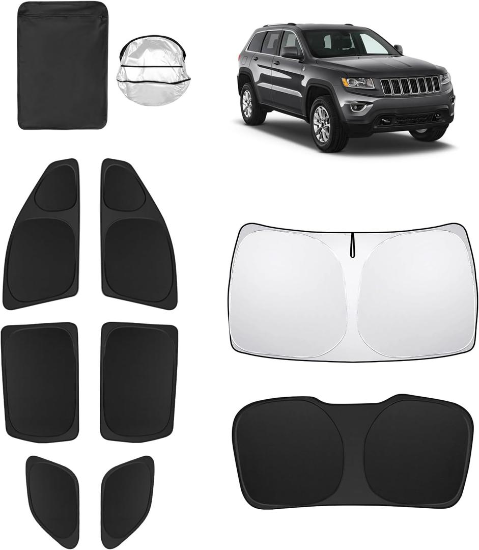 8pcs Car Window Shades for Jeep Grand Cherokee 2011-2021(NOT Grand Cherokee L) Accessories,Windshield Side Rear Full Sunshade,Sun Visor UV Blocking, Privacy Protection for Camping Outdoor