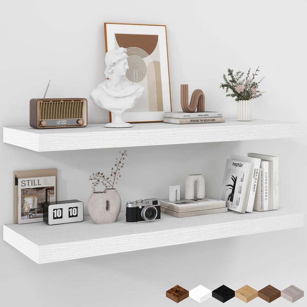 Fun Memories Floating Shelves - 2 Pack 12 Inch Rustic Wooden Wall Shelves - Extra Deeper & Thicker Wall Mounted Storage Shelf for Living Room, Kitchen, Farmhouse - 36" W x 12" D x 1.8" H - White