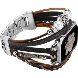 Boho Bracelet Compatible with Apple Watch Band 38mm/40mm/41mm/42mm(Series 10) Women Men, Handmade Jewelry Multilayer Wrap Leather Strap for iWatch Band SE 3 Ultra 2 3 Series 11 10 9 8 7 6 5 4 3 2 1