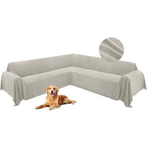 HDCAXKJ Corner Sectional Couch Covers for Dogs L Shape Sofa Cover with Tassel Chenille Super Soft Non Slip U Shaped Couch Cover Blanket Washable Sectional Slipcovers Protector (Khaki, 91x252 inch)